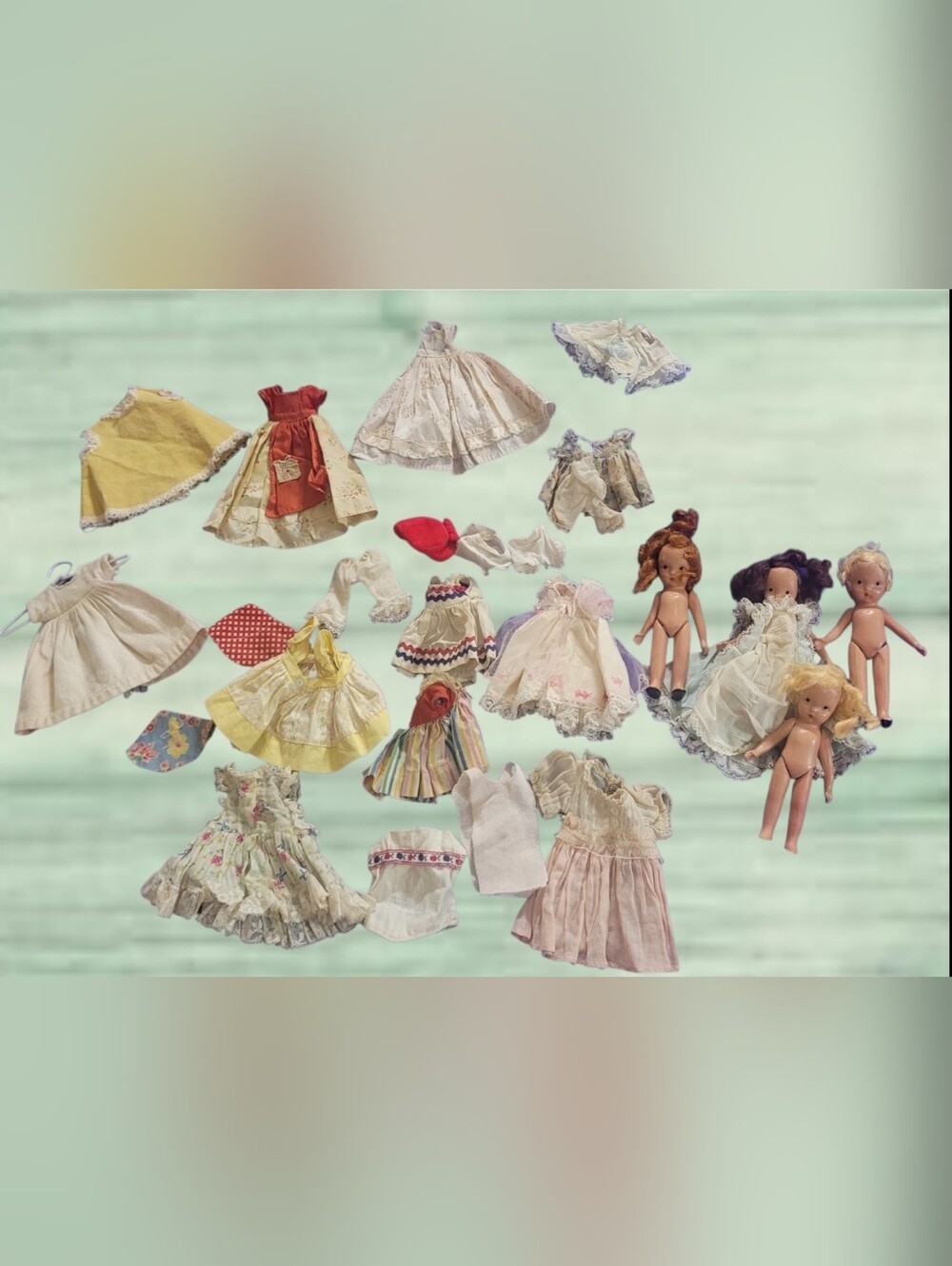 VINTAGE BISQUE 1930'S-40'S LOT OF NANCY ANN STORYBOOK DOLLS & TRAVEL TRUNK